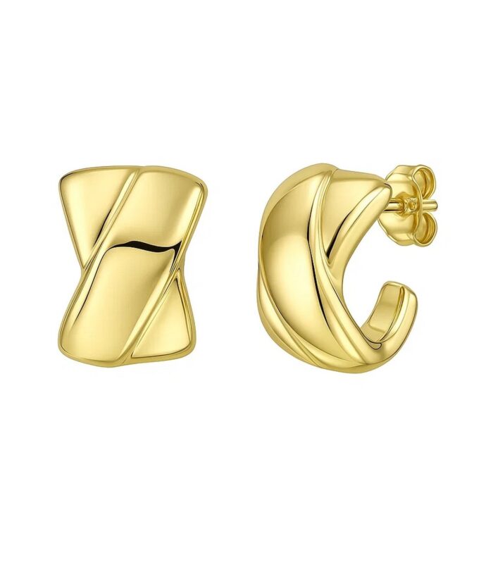 14K Yellow Gold Puffed X-C Hoop Earrings