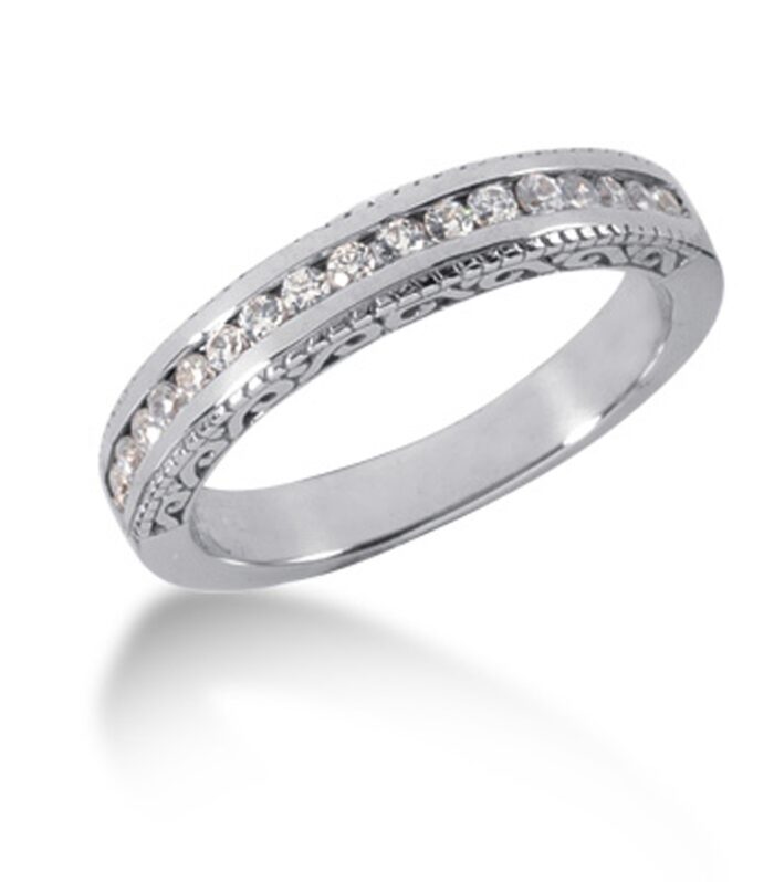14k White Gold Vintage Style Engraved Diamond Channel Set Wedding Ring Band