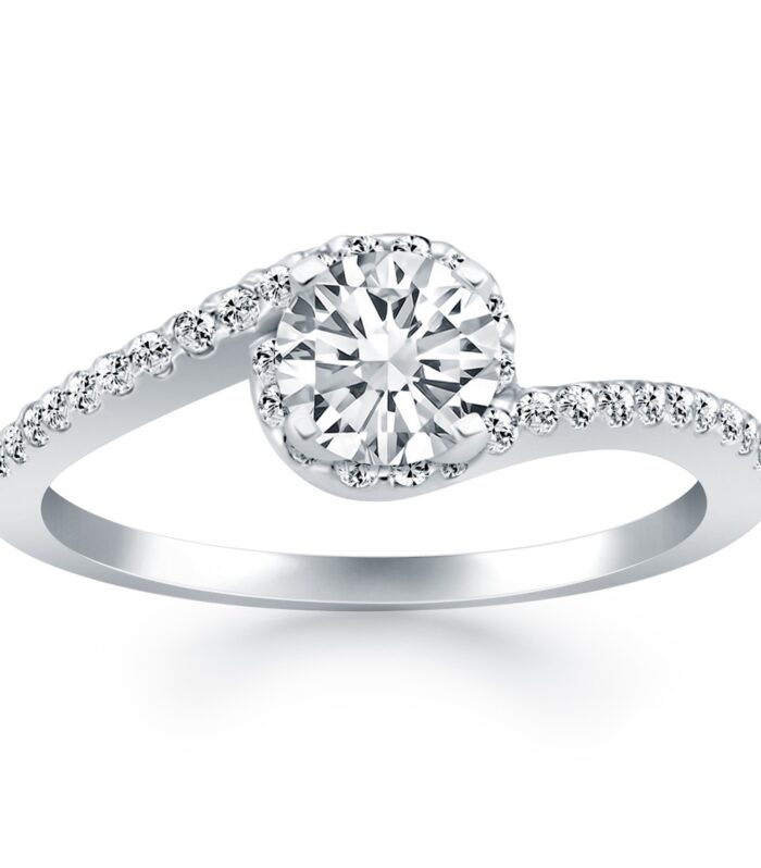 14k White Gold Bypass Swirl Diamond Halo Engagement Ring