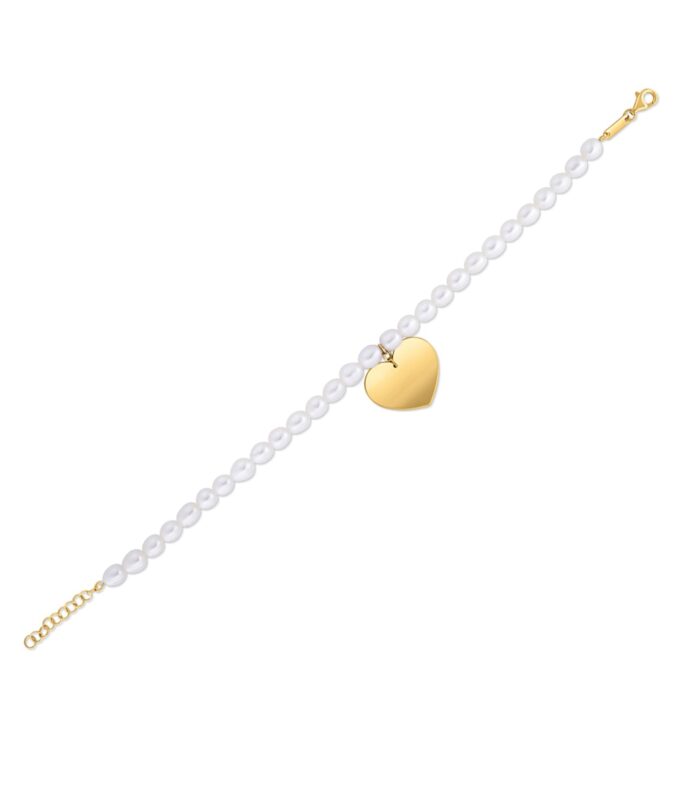14k Yellow Gold Pearl Heart Charm Bracelet