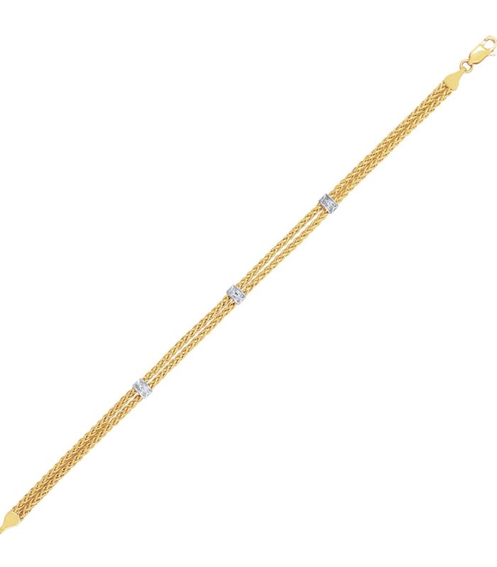 14k Two-Tone Gold Dual Wheat Chain Bracelet with Diamond Stations (3.75 mm)