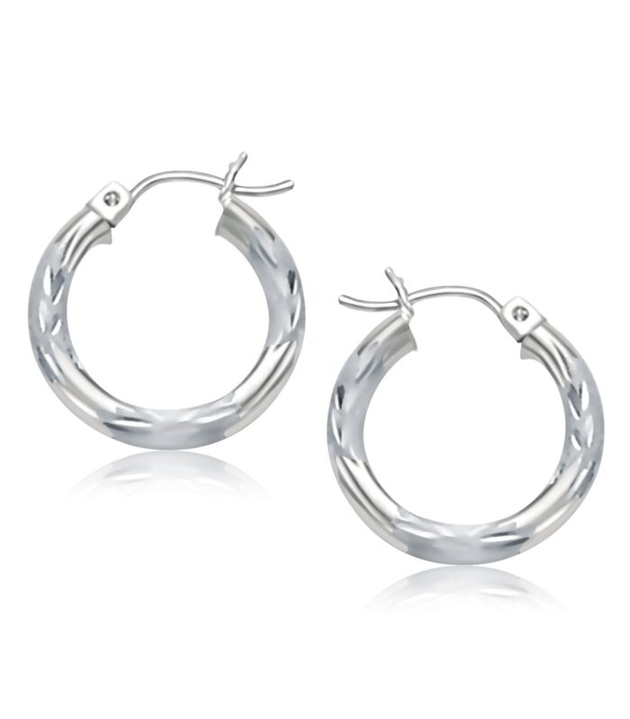 14k White Gold Hoop Earrings with Diamond Cuts (3x15mm)