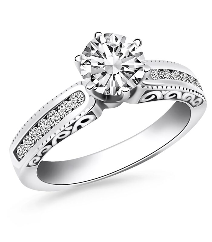 14k White Gold Channel Set Engagement Ring with Engraved Sides