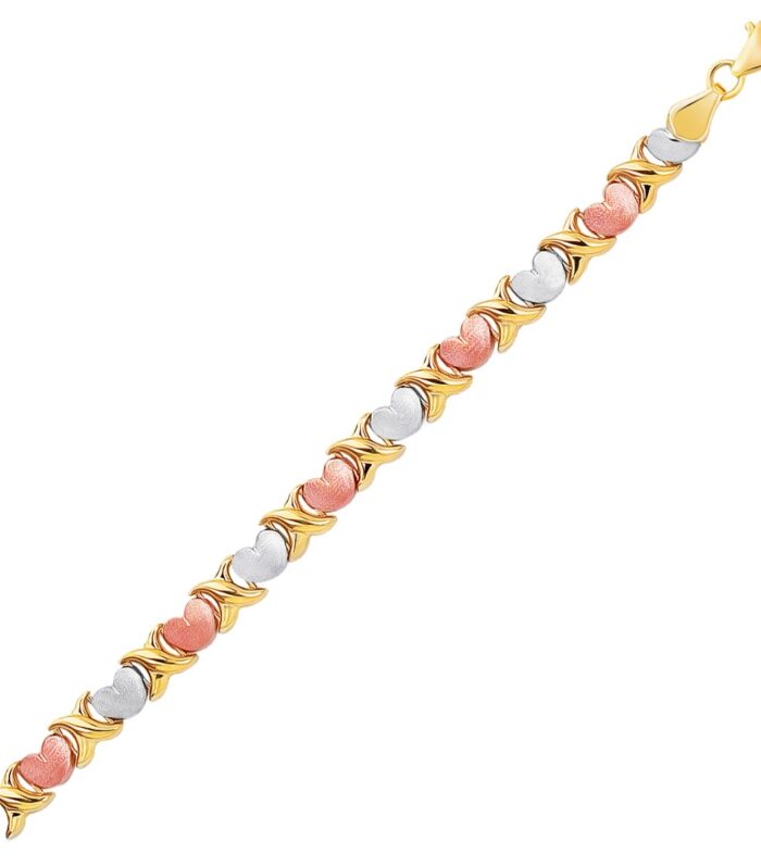 14k Tri-Color Gold Fancy Satin Heart Line Bracelet (6.35 mm)