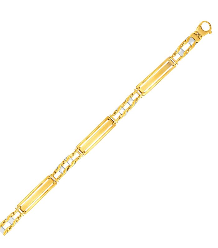 14k Two-Tone Gold Fancy Bar Style Mens Bracelet with Curved Connectors (9.65 mm)