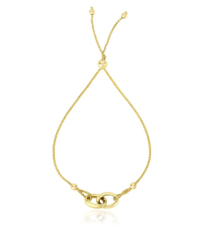 14k Yellow Gold Entwined Rings Adjustable Lariat Style Bracelet