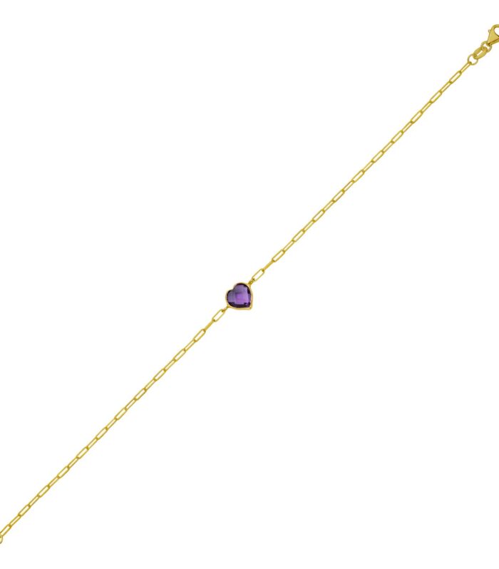 14K Yellow Gold Amethyst Heart Bracelet (1.50 mm)