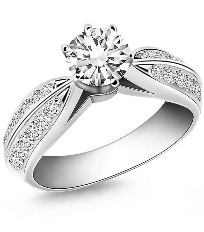 14k White Gold Cathedral Double Row Pave Diamond Engagement Ring