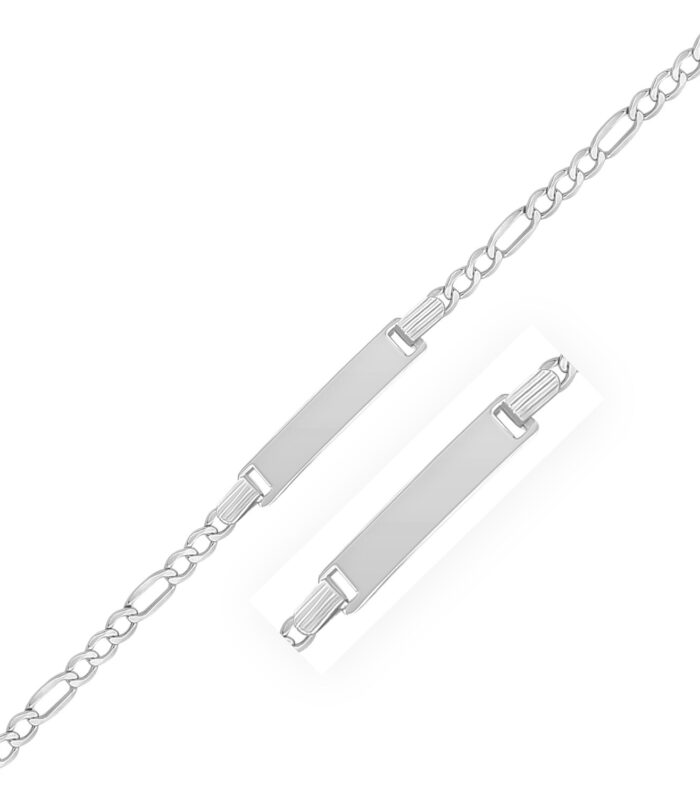 14k White Gold Figaro Chain Fancy Childrens ID Bracelet (3.30 mm)