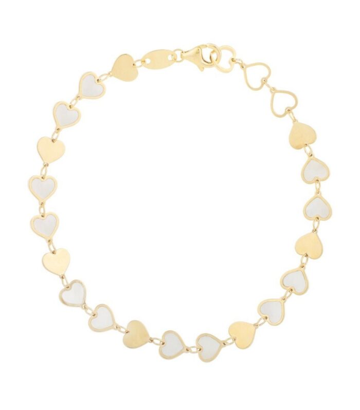 14K Yellow Gold MOP Heart Mirror Gem Bracelet