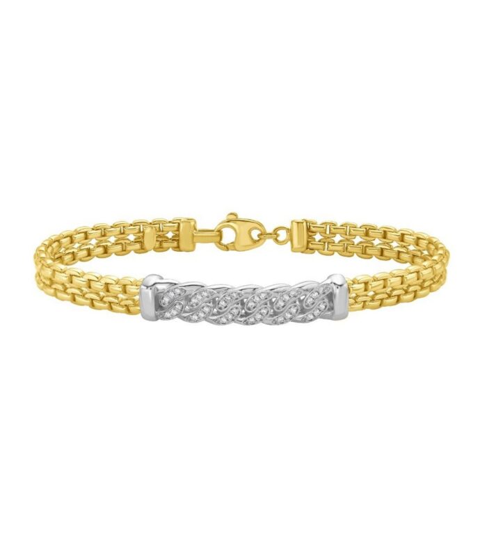 14K Yellow Gold Polished Venetian Link Diamond Pave Curb Bar Bracelet