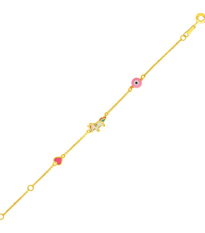 14k Yellow Gold Childrens Bracelet with Enameled Heart Unicorn and Circle