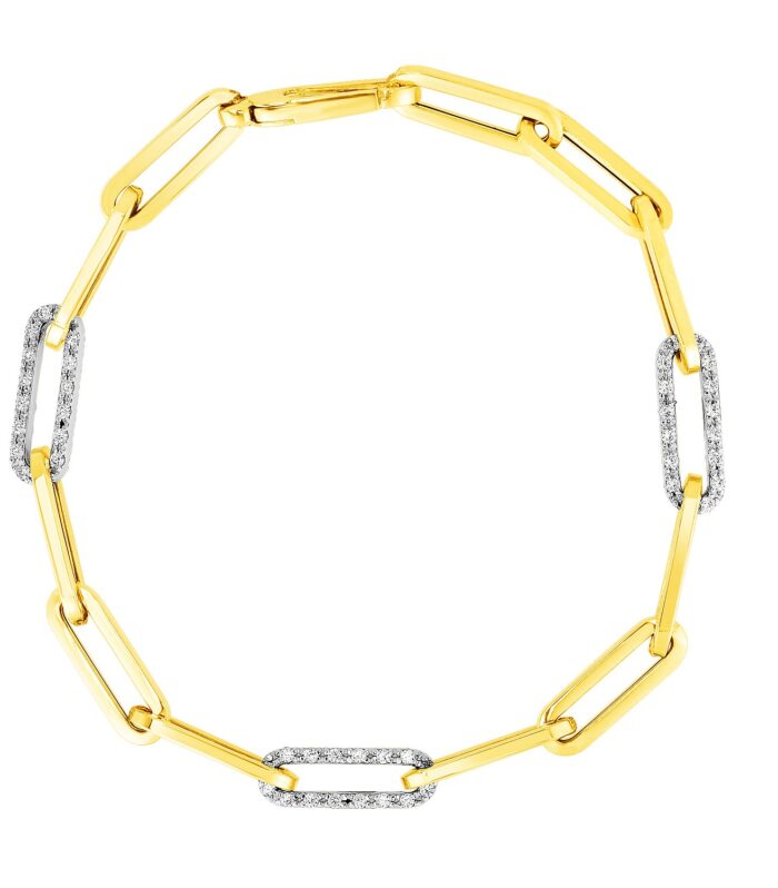 14k Yellow Gold inch Paperclip Chain Bracelet with Three Diamond Links (2.00 mm)