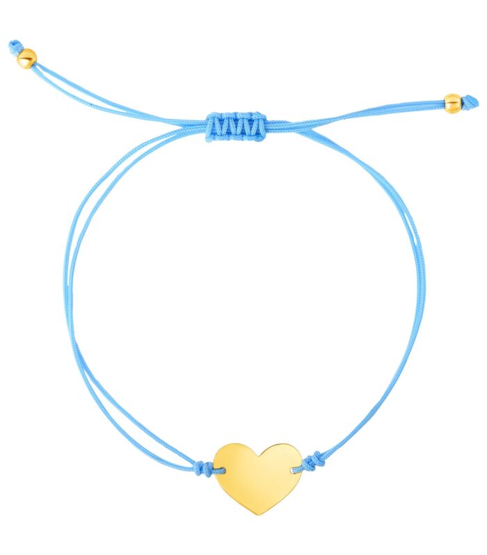 9 1/4 inch Blue Cord Adjustable Bracelet with 14k yellow Gold Heart