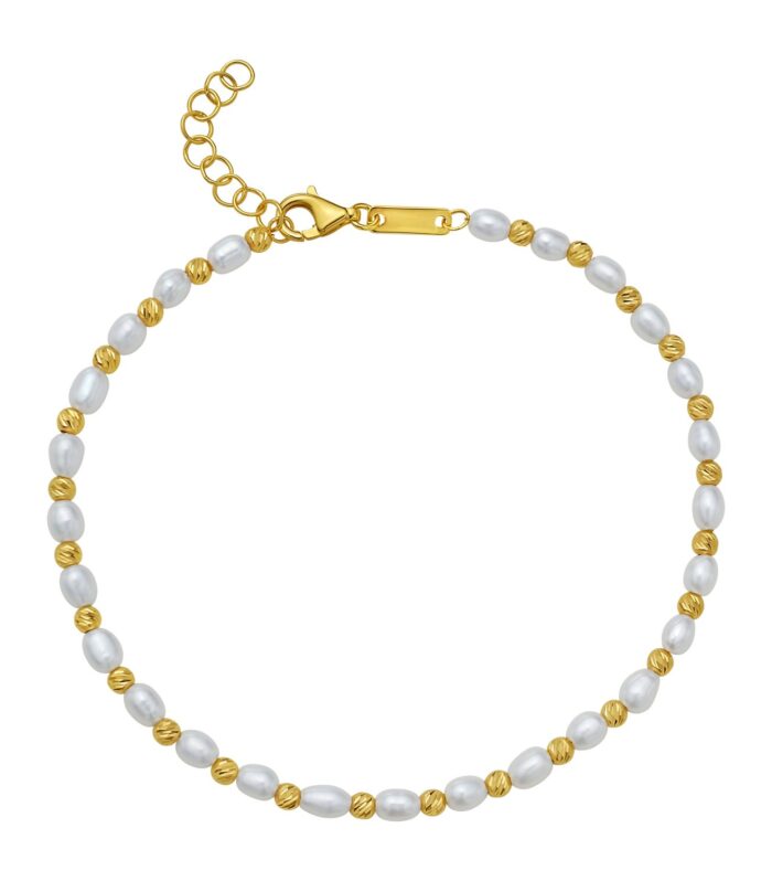 14K Yellow Gold Faceted Bead and Freshwater Pearl Bracelet (3.00 mm)