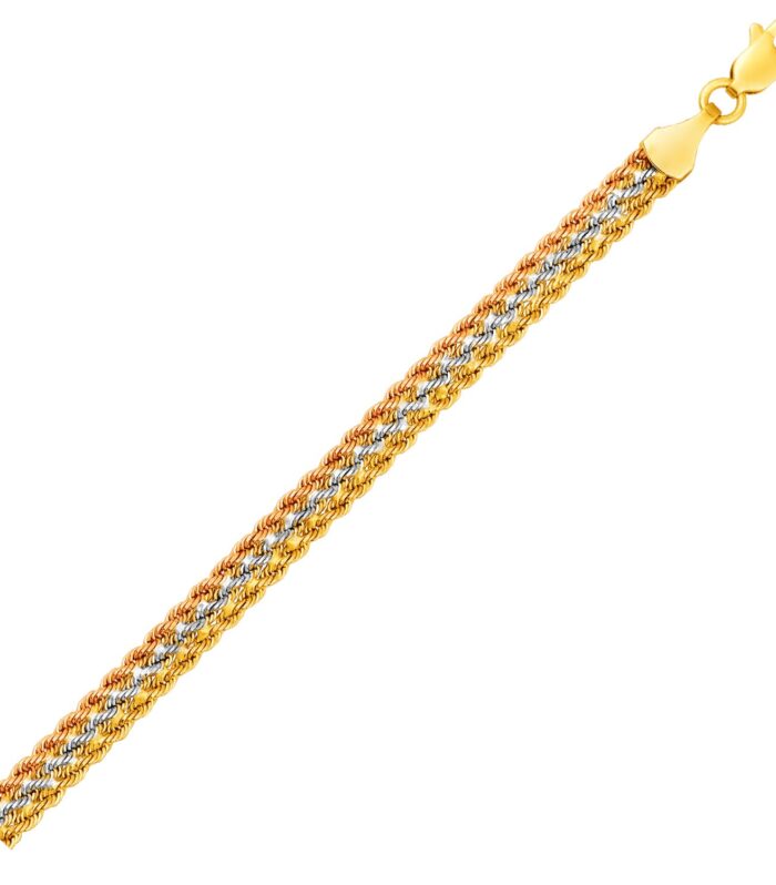 10k Tri-Toned Gold Multi-Strand Rope Chain Bracelet (6.35 mm)