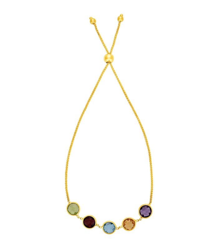 Adjustable Bracelet with Multicolored Round Gemstones in 14k Yellow Gold(1.00mm)