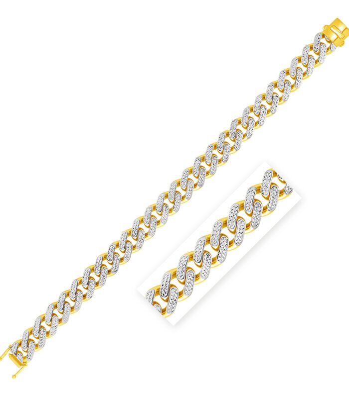 14k Two Tone Gold 8 1/2 inch Curb Chain Bracelet with White Pave (11.50 mm)