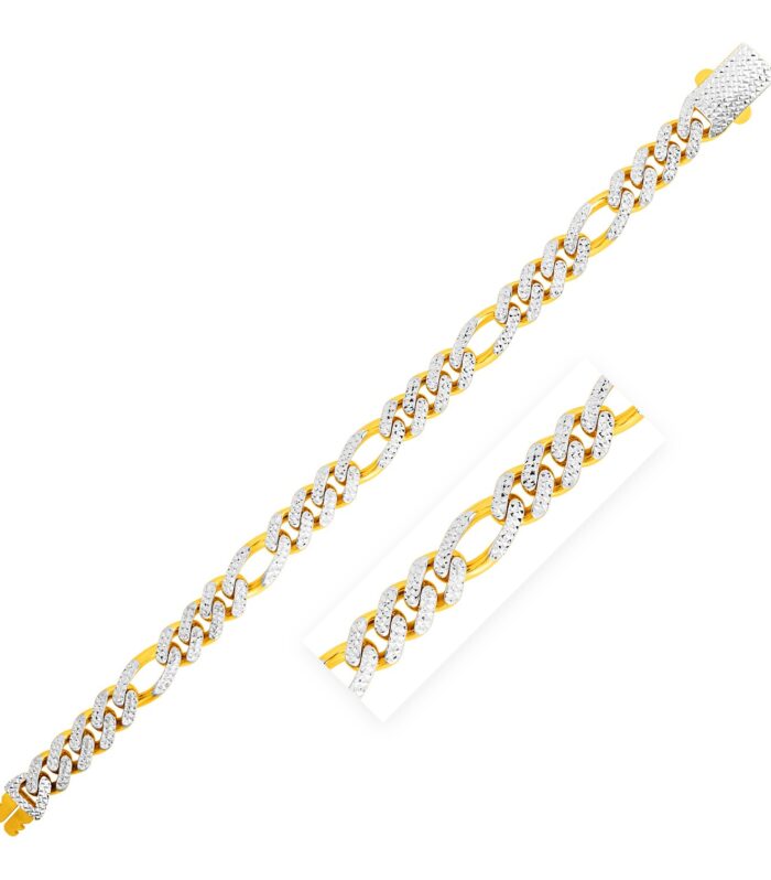 14k Yellow Gold White Pave High Polish Modern Lite Figaro Bracelet  (9.50 mm)