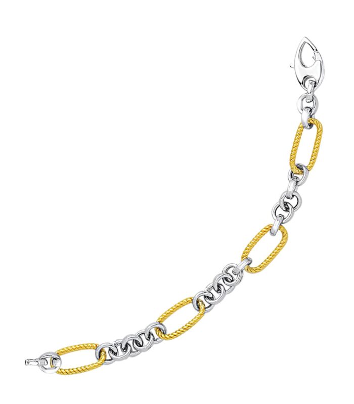 14k Two-Tone Gold Bracelet with Cable Textured Oval and Round Links (7.10 mm)