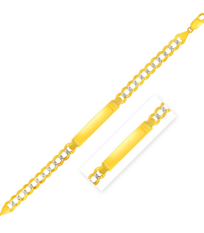 14k Two Tone Gold Mens Wide Curb Chain ID Bracelet with White Pave (10.00 mm)