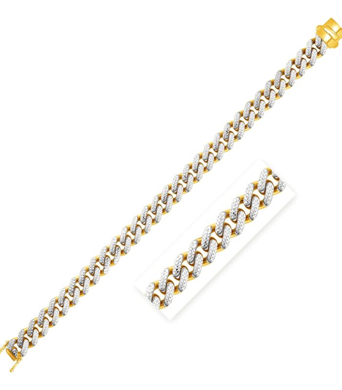 14k Two Tone Gold 8 1/4 inch Curb Chain Bracelet with White Pave (9.50 mm)