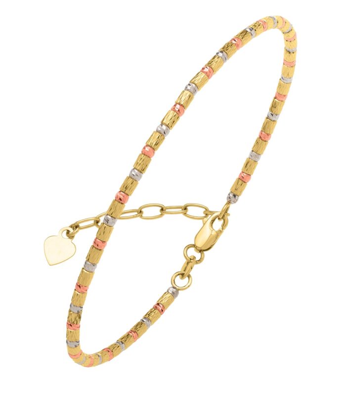 Tri Color Diamond Cut Bead Bracelet in 14K Gold