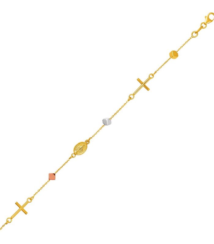 14k Tri Color Gold Bracelet with Crosses Cubes and Medallions