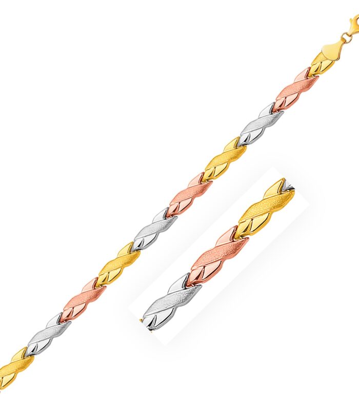 14k Tri-Color Gold Shiny and Textured X Link Bracelet (6.35 mm)