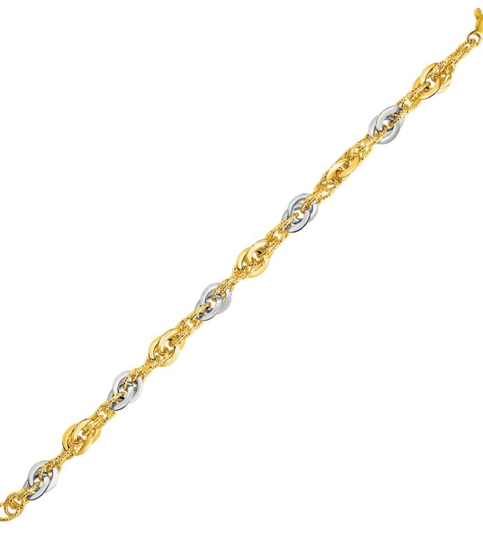 14k Two-Tone Yellow and White Gold Double Link Textured Bracelet (10.00 mm)