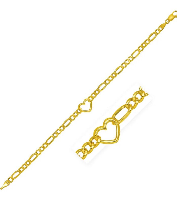 Figaro Chain Heart Bracelet in 10K Yellow Gold (4.50 mm)