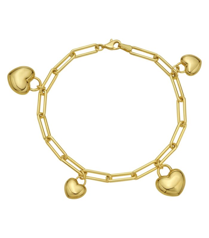 14K Yellow Gold Puffed Heart Charm Bracelet