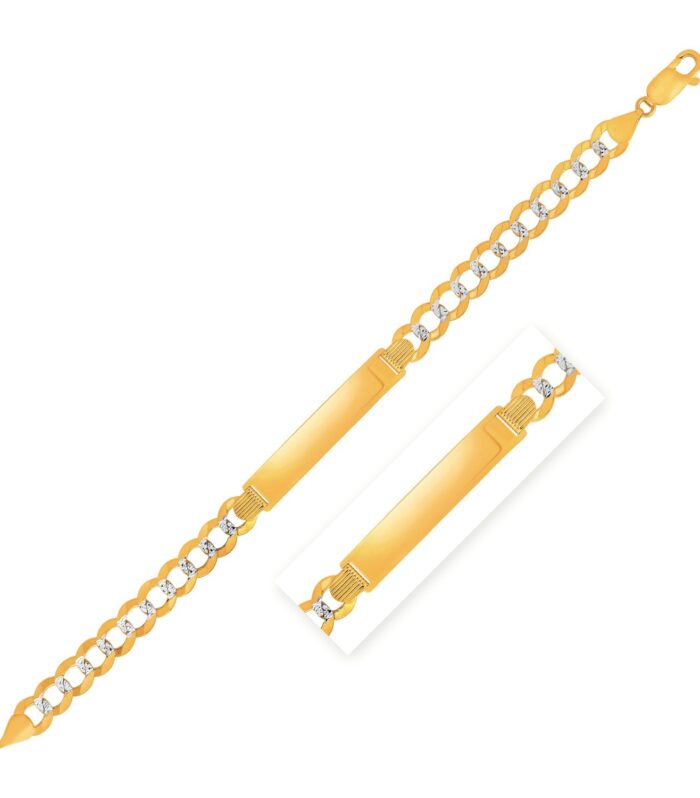14k Two Tone Gold Mens Narrow Curb Chain ID Bracelet with White Pave (6.70 mm)