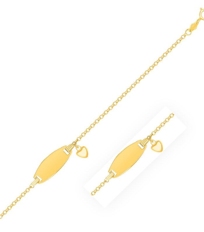 14k Yellow Gold Heart Accented Childrens Cable Chain ID Bracelet (6.35 mm)