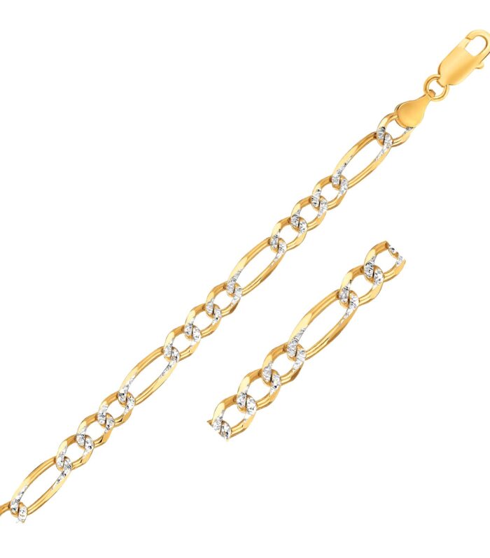 14K Yellow Two Tone Solid Pave Figaro Bracelet (7.00 mm)